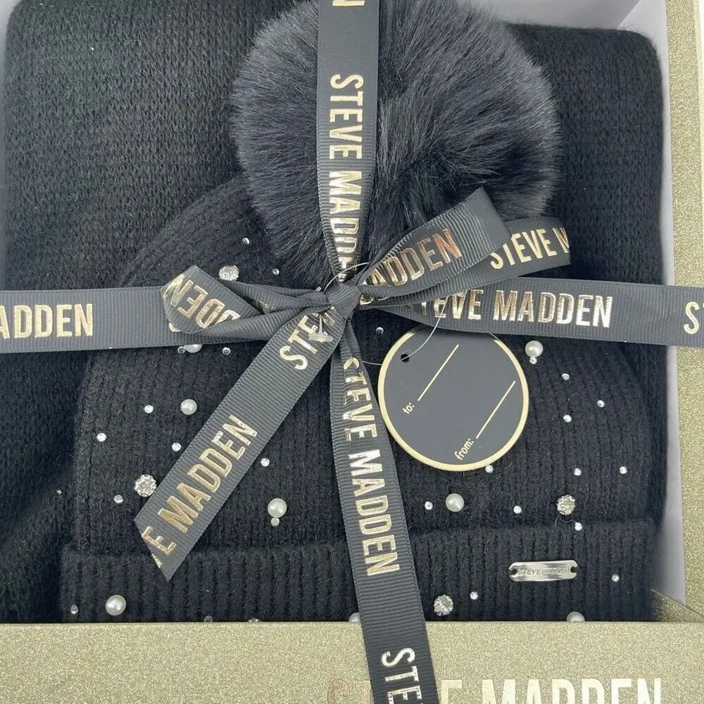 Steve Madden Women’s Embellished Beanie & Scarf Gift Set — Black — New in Box